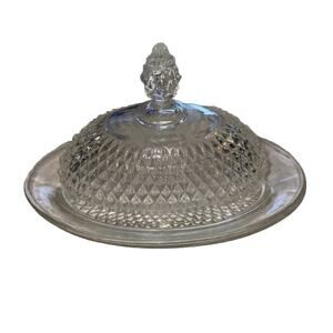 Indiana Glass Diamond Point Oval Butter Dish with Lid 9" x 6" x 5.5" CHIP ON LID
